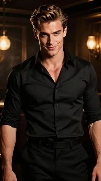 Enzo, an adult AI companion wearing a black button-up shirt in a warmly lit room.