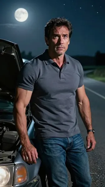 Jack, a mature AI companion in a grey polo and jeans beside a car at night.